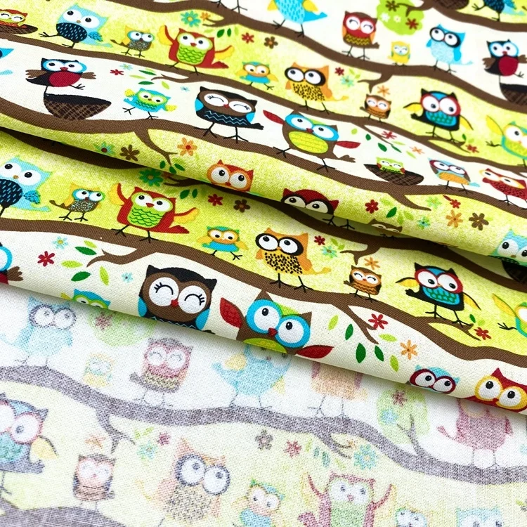 Soft comfortable cartoon animals owl design woven organic 100% cotton poplin print fabric for baby kids children