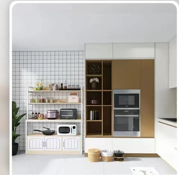 Home Furniture Kitchen Cabinet Wooden Open Shelf with Metal Frame Floor Standing Display Cabinet