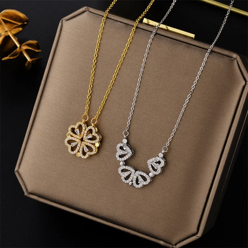 Hot Sale 18K Gold Plated Stainless Steel Magnetic Four Heart Clover Necklace For Women Mama Pendant Crystal Heart Necklace