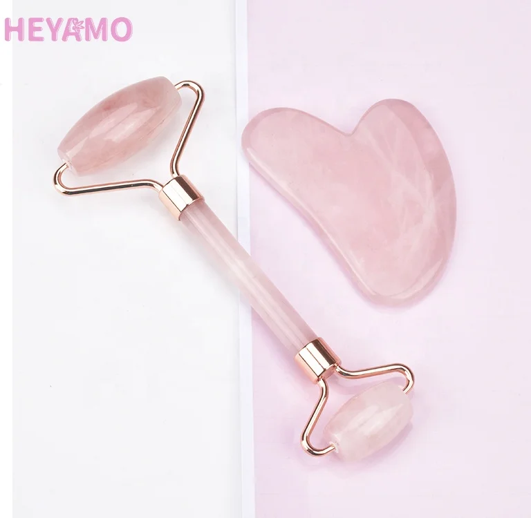 HEYAMO Mesin Es Kristal Masajeador De Ojos Akik Natural Crystals Amethyst Stone Rose Quartz Massage Jade Roller Facial Box Set