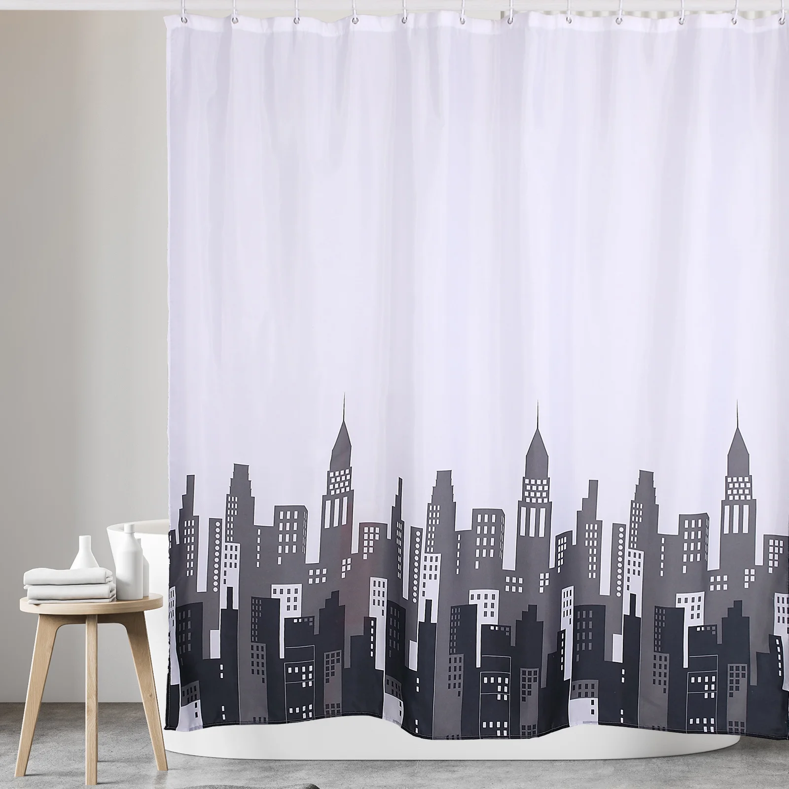 Black with White Printing New York City Style Polyester Shower Curtain with C hooks Set of 13
