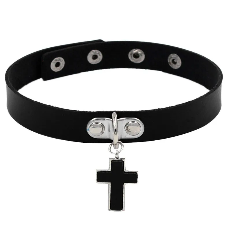 
2020 New Design Simple Gothic Punk PU Leather Collar Choker Necklace With Cross Pendant 