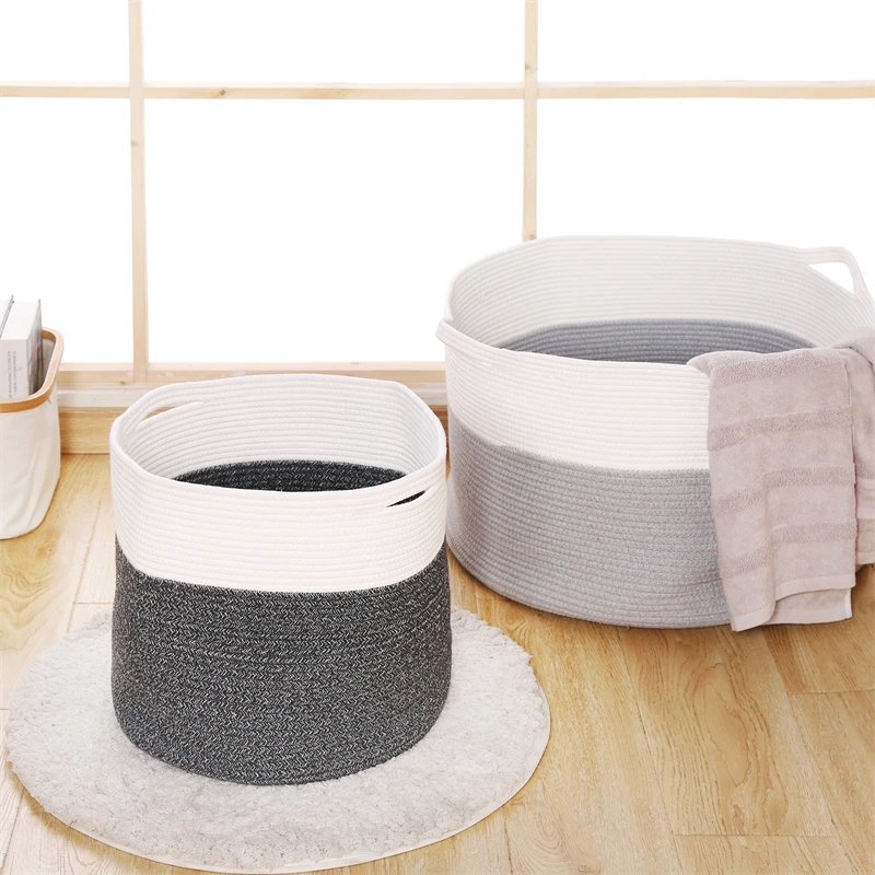 Large Woven Coil Storage Container Foldable Cotton Rope Laundry Basket with Handles