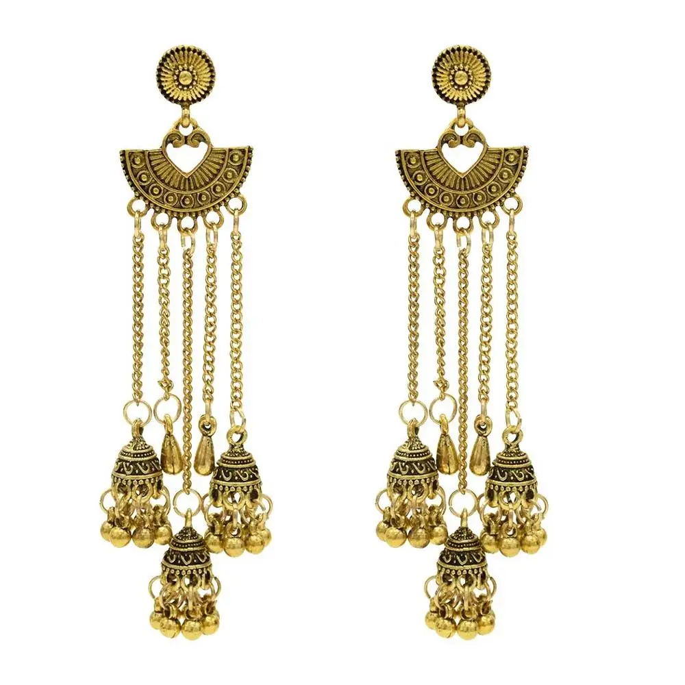 Long Tassel Statement Jhumka Earrings Indian Vintage Silver Gold With Birdcage For Women Party Ethnic Jewelry