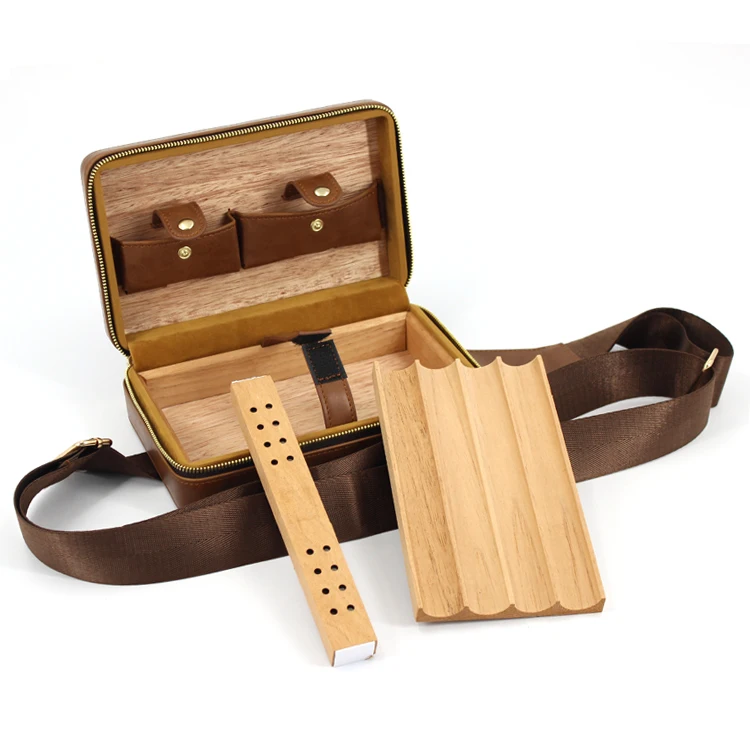 wholesale modern small  travel portable solid cigar box bag cedar leather  cigar case humidor