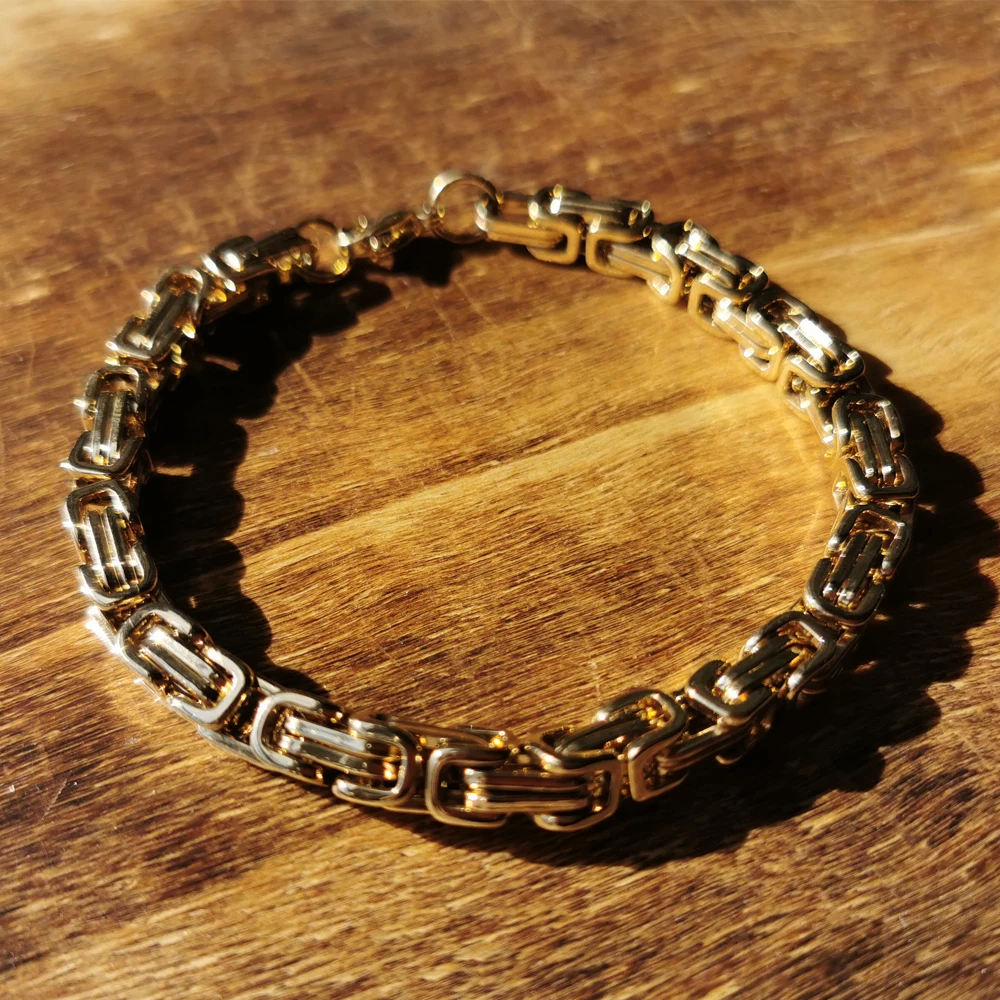  Hot Selling Men Charm Bracelet European Style Gold Plated Stainless Steel Byzantine Chain For