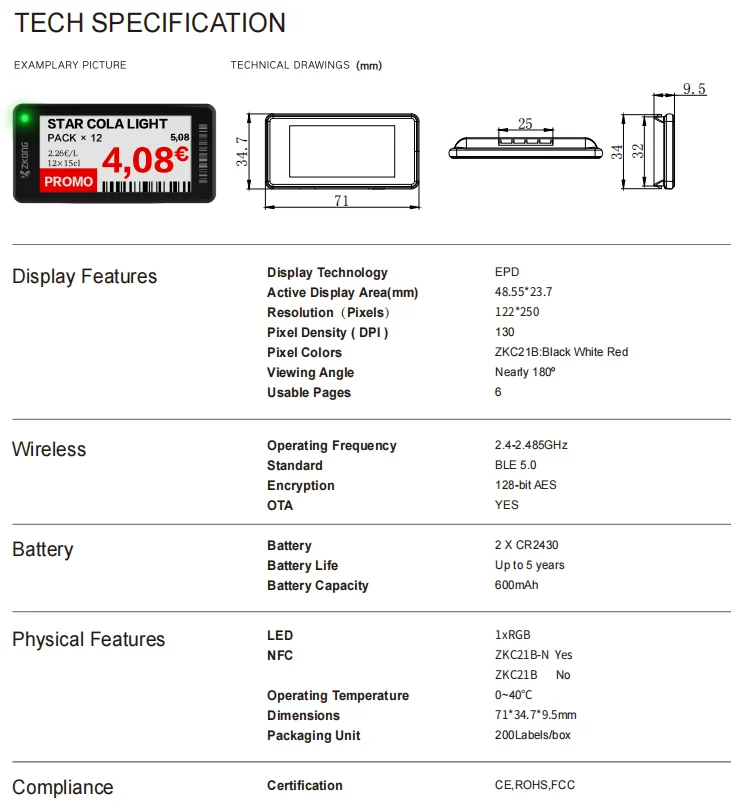 Manufacturer Origin Supplier 2.1 inch E ink ESL Wifi Small Size Price Weight Tag Label Digital Price Tags For Supermarket