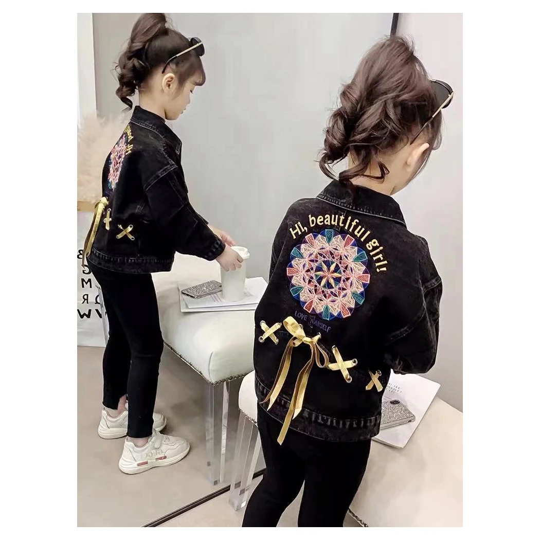 
Fashionable denim jacket with floral embroidery stitching Slightly stretchy soft denim girl jacket Girls denim jacket 