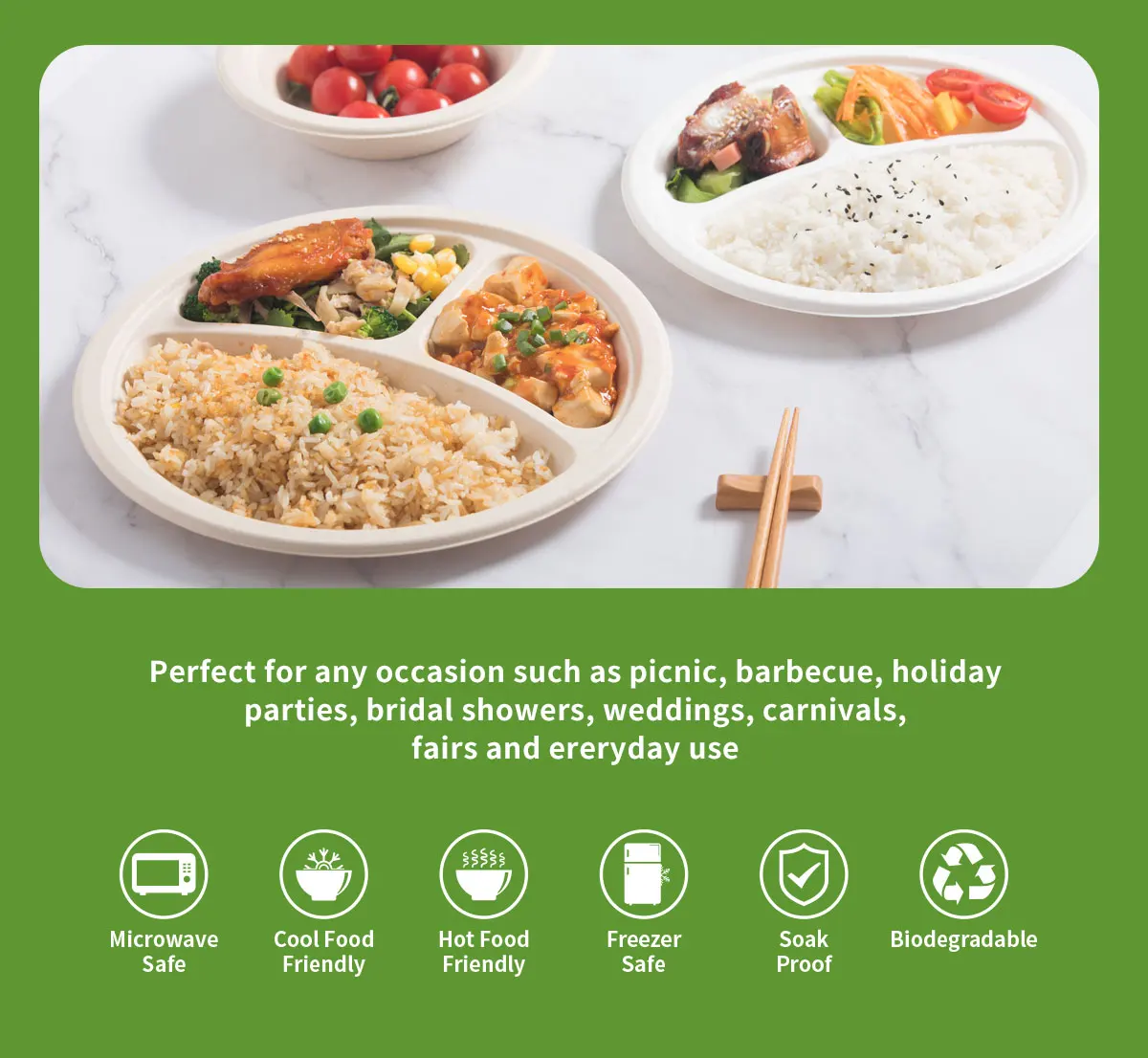 9 Inch 3-Comp 100% Biodegradable & Compostable bagasse sugarcane disposable dinner plates china