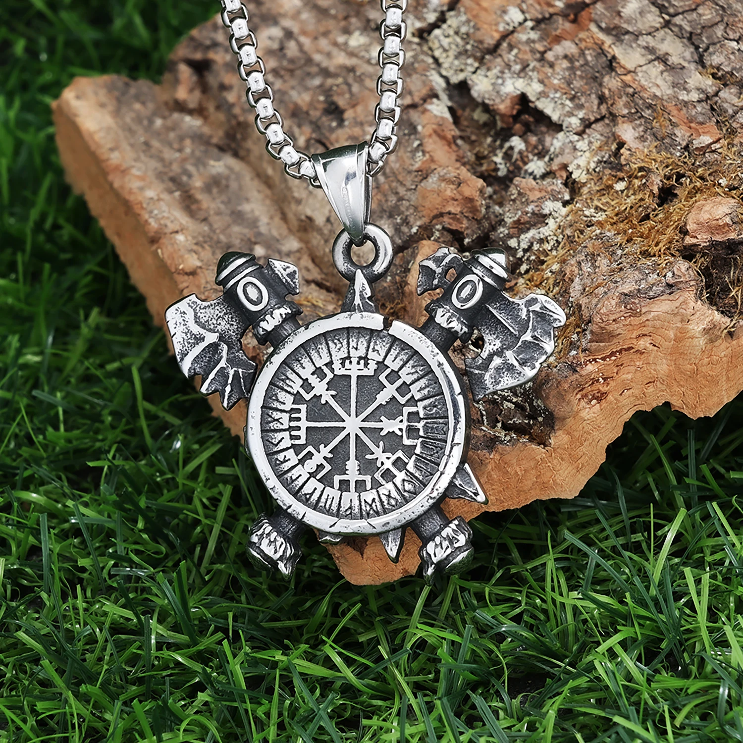 Stainless Steel Norse Viking Celtic Axe Compass Pendant Necklace Stainless Steel Vintage Amulet Viking Jewelry for Men