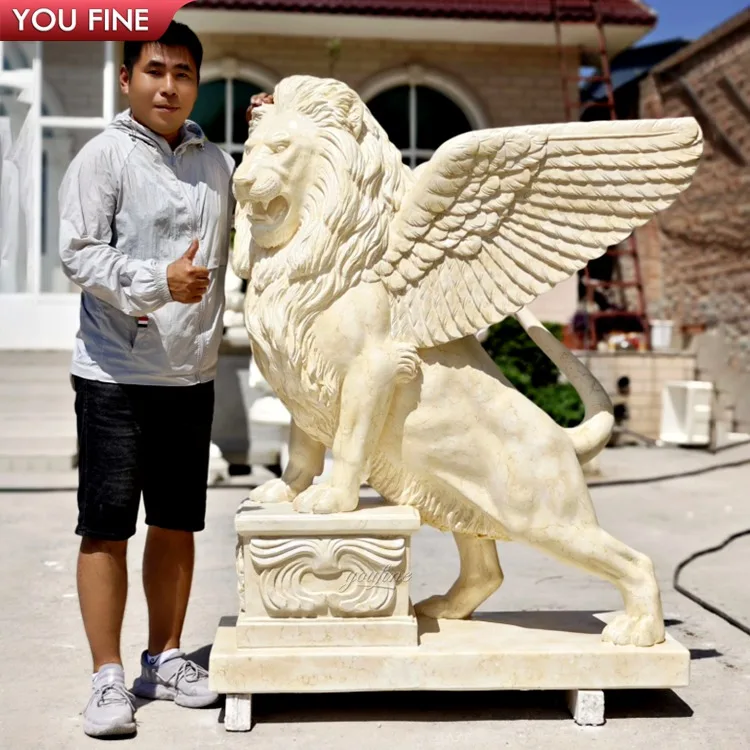 Outdoor Decor Beige Natural Marble Lion Wings Sculpture