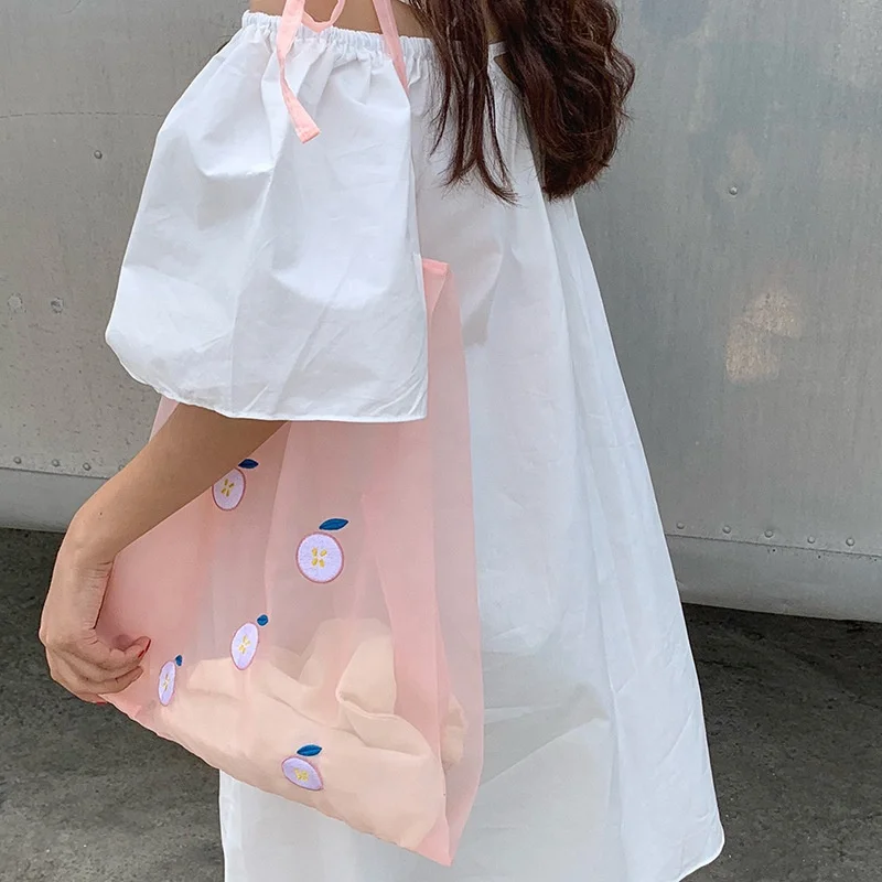 Fruit embroidery transparent organza cute ladies shopping handbag lightweight shoulder tote bags