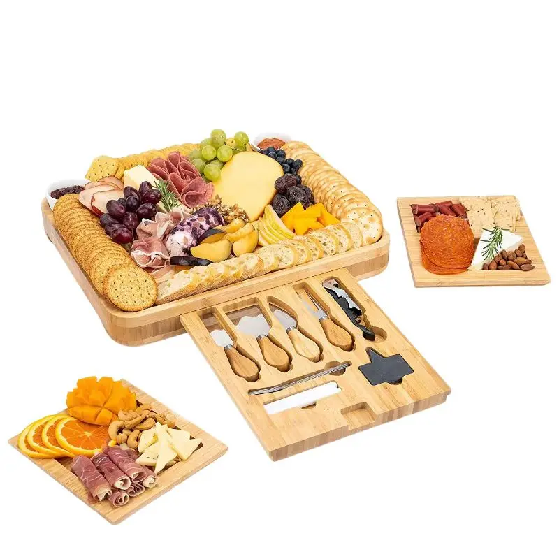 Bamboo Cheese Board and Knife Set Extra Large Charcuterie Platter Set 3-sided Serving Tray with Kitchen Accessories