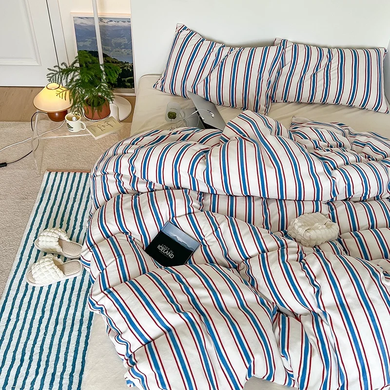 Most Selling Products Thick Blue Striped Pattern Milk Fleece bed cover duvet bedding bed sheets set