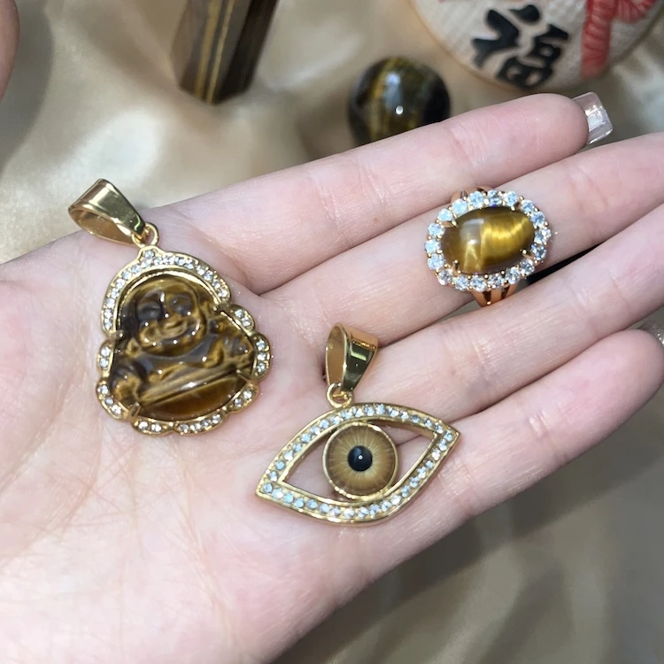 Charm Men Evil Eyes Buddha Natural Jade Pendant 18k Gold Plated Stainless Steel Tiger Eye Rings Necklace Jewelry Sets