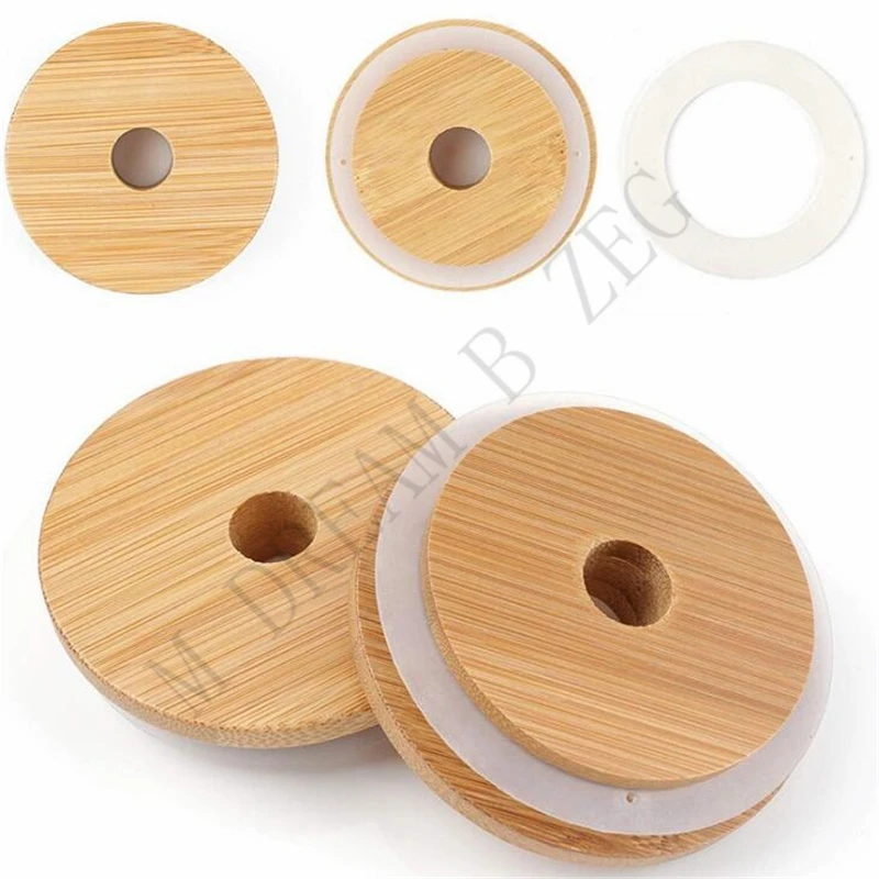 70mm/86mm Friendly Mason Lids Reusable Bamboo Caps Tops with Straw Hole and Silicone Seal for Masons Canning Drinking Jars Top