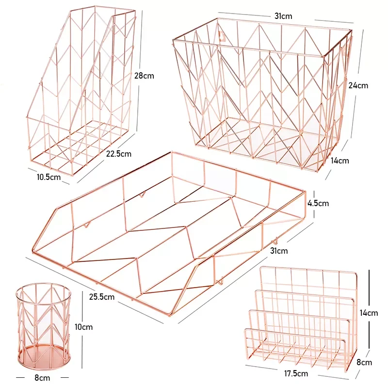 Home Office Supplies Table Storage Organizers Desktop Sets Cute Rose Gold Metal Desk Organizer 5 Piece Desk Accessories Set