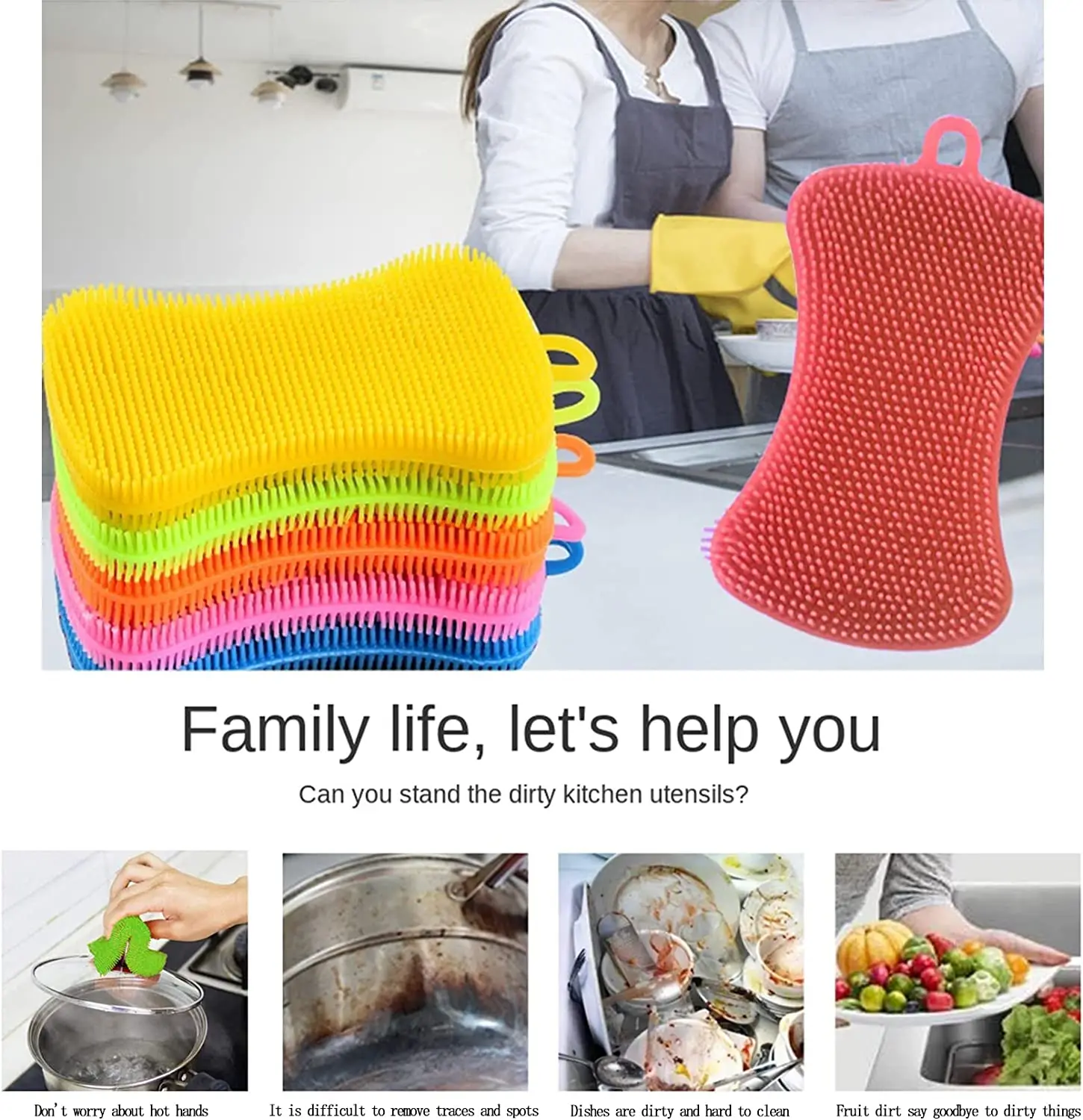Wholesale Kitchen Double-sided Food Grade Silicone Dish Cleaning Brush Sponge With Suction Anti Bacteria Washing Brush