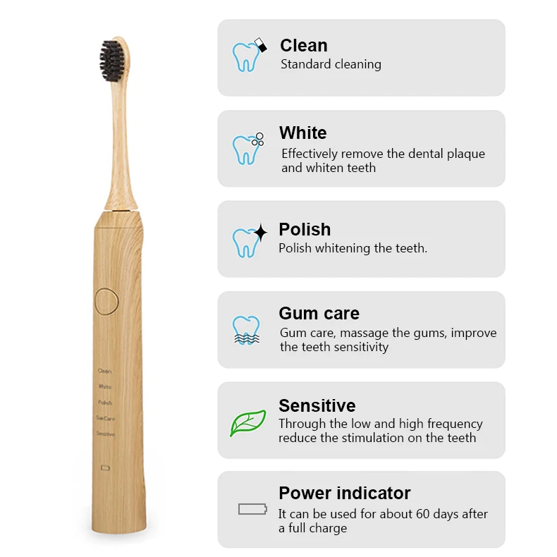 Bamboo Electric Toothbrush Sonic Toothbrush IPX7 Waterproof 2 Minute Timer with 2 Replaceable Bamboo Toothbrush Head