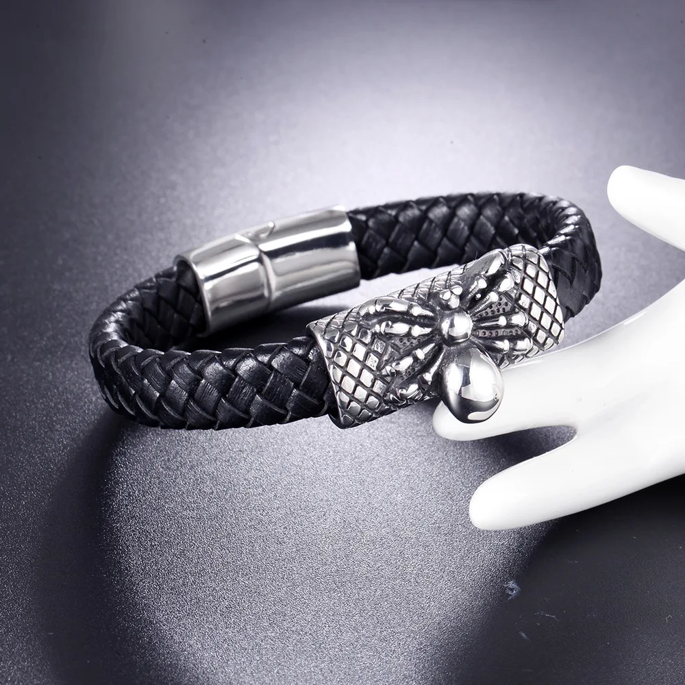 Stainless Steel Skull Bracelets Charm Braided Leather Handmade Woven Men Jewelry Beads Macrame Bracelet Men
