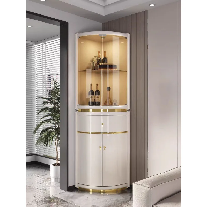 Accessible Luxury Stainless Steel Triangular Wine Cabinet Biguanyuan Glass Corner Display Cabinet with Drawer for Living Room