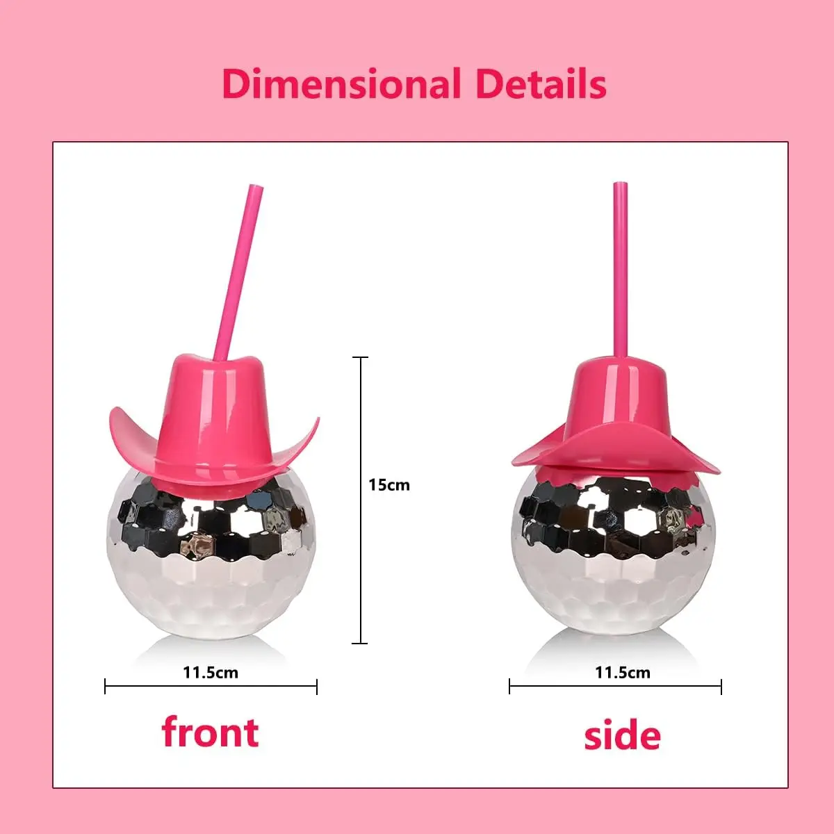 20OZ Plastic Disco Ball Cup Mirror Tumbler with Pink Cowgirl Hat Cups with Straw For Party