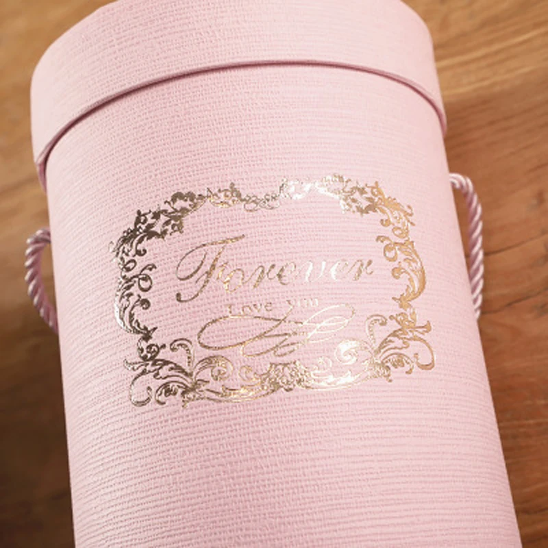 ZL Wholesale Gold Print Luxury Packaging Valentine Day Flower Round Craft Cardboard Tube Gift Box With Rope Handle and Lid