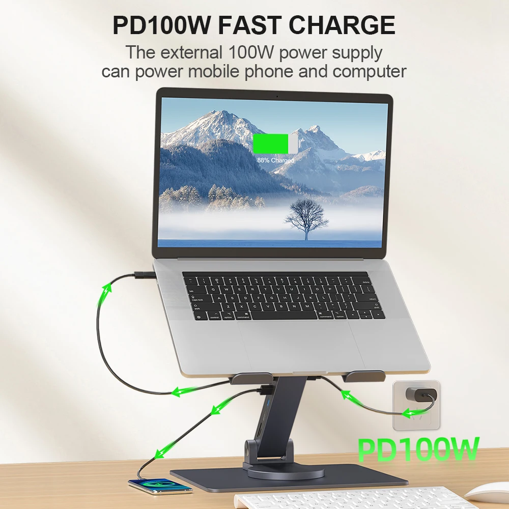 Планшетный ноутбук Стенд 100 Вт зарядное устройство гигабитный Ethernet алюминиевый сплав с вращающимся кронштейном Usbc Purn 7 в 1 Тип C концентратор