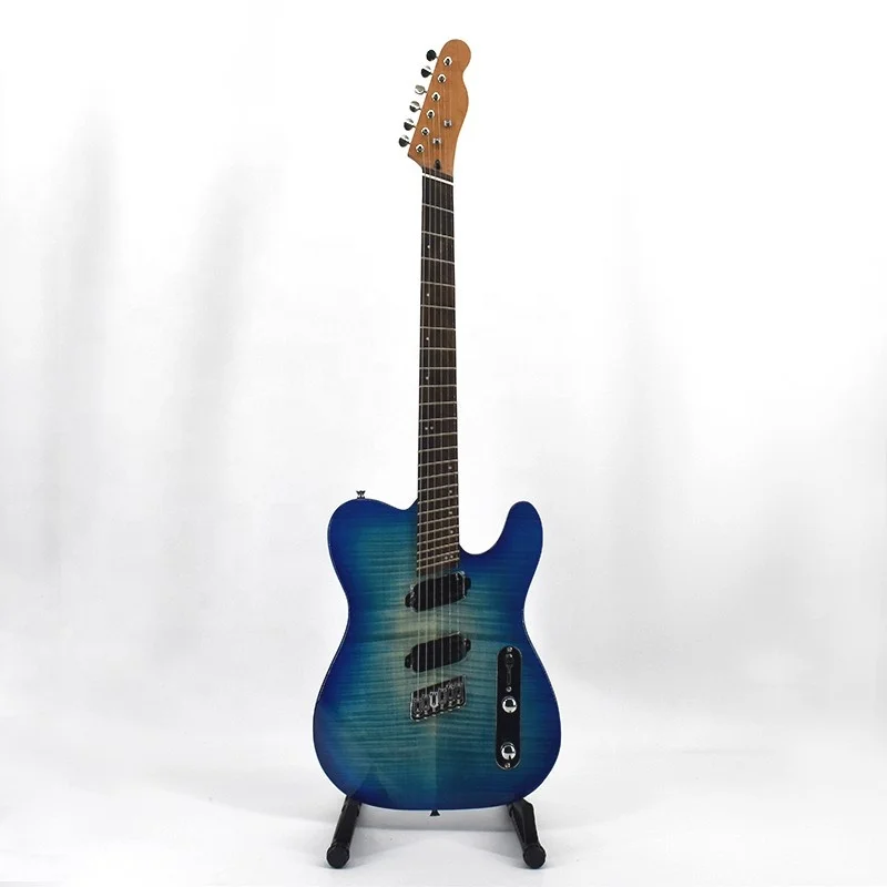 High Quality Wholesale Custom Tele electric guitar blue color flame maple top fanned fret OEM guitar factory outlet