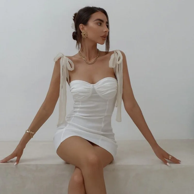 Wholesale Custom Summer Fashion Pleated Mesh Strap Lace Up Ruched Dress For Women Sleeveless Slim Elastic Bodycon Mini Dress