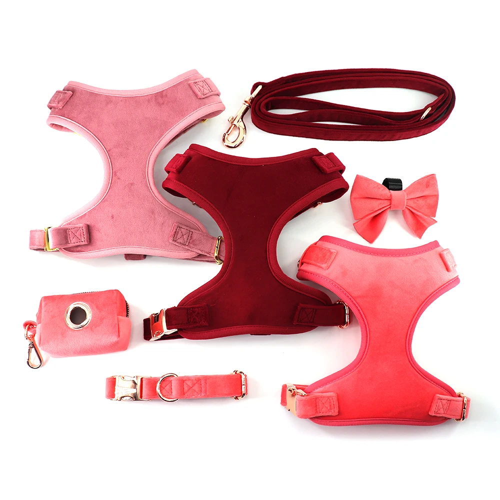 Custom Logo Luxury Comfortable Soft Velvet Pet Dog Vest Collars Harness And Leash Set With Poop Bag