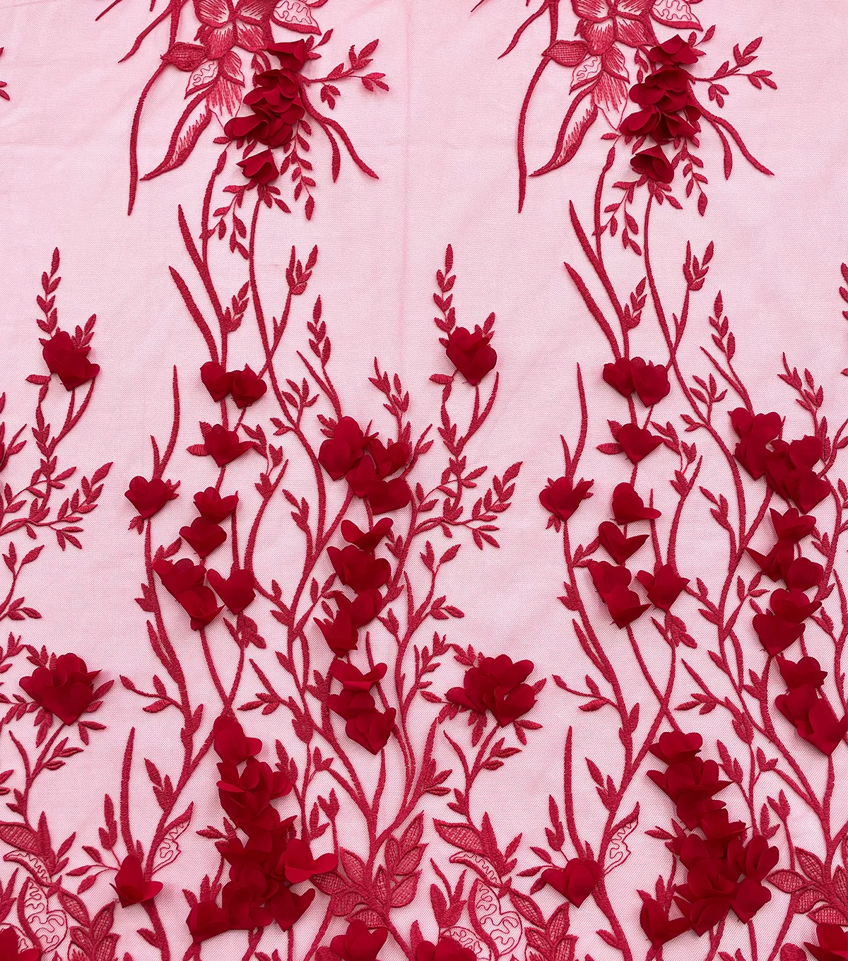 Красная Цветочная 3D вышивка на сетке