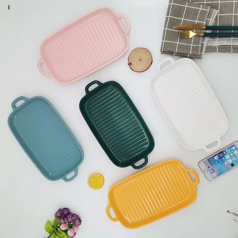 ZC Nordic Ceramic Rectangular Plate Restaurant Ornaments Household Tableware Oven Bread Baking Pan Sets Cake trays