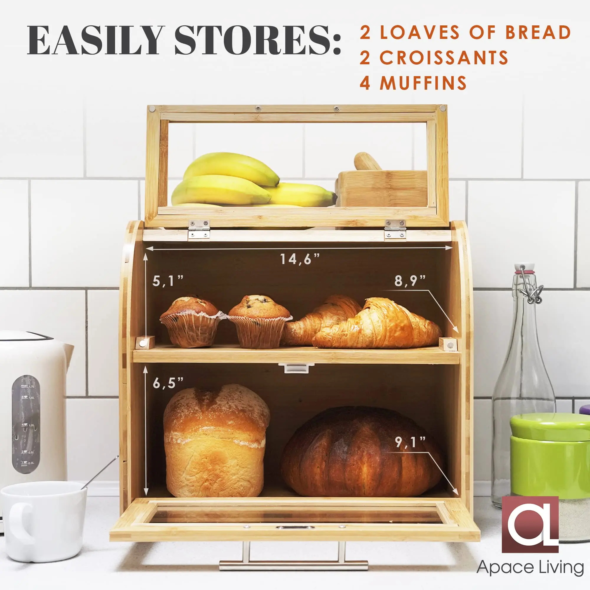 Extra Large Bamboo Bread Box Clear Windows Air Vents 2-Shelf Wooden Kitchen Countertop Storage Container Cabinet Organizer