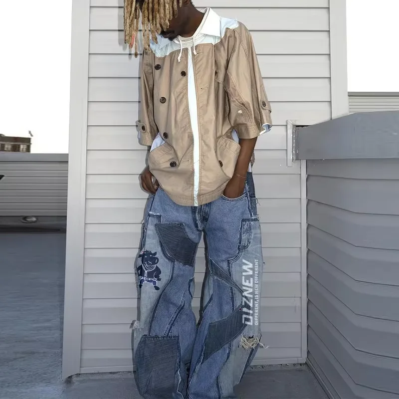 DIZNEW Plus size jeans wholesale hip Hop baggy Wash denim brand patch jeans for men
