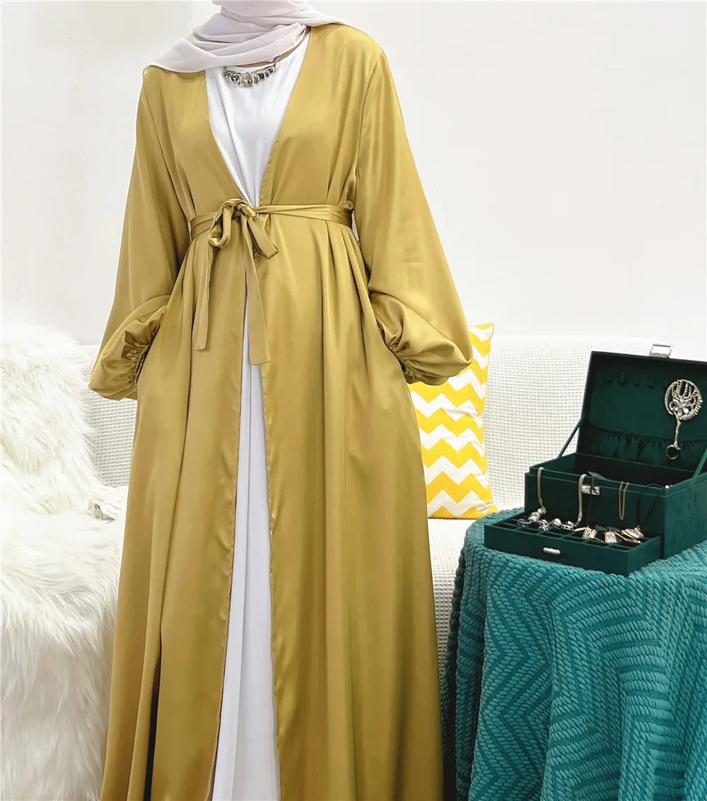 Islamic Clothing Sleeveless Dress Fashion Girl 2 Pcs Set Satin Muslim Dress Kimono Cardigan Front Open Abaya Dubai