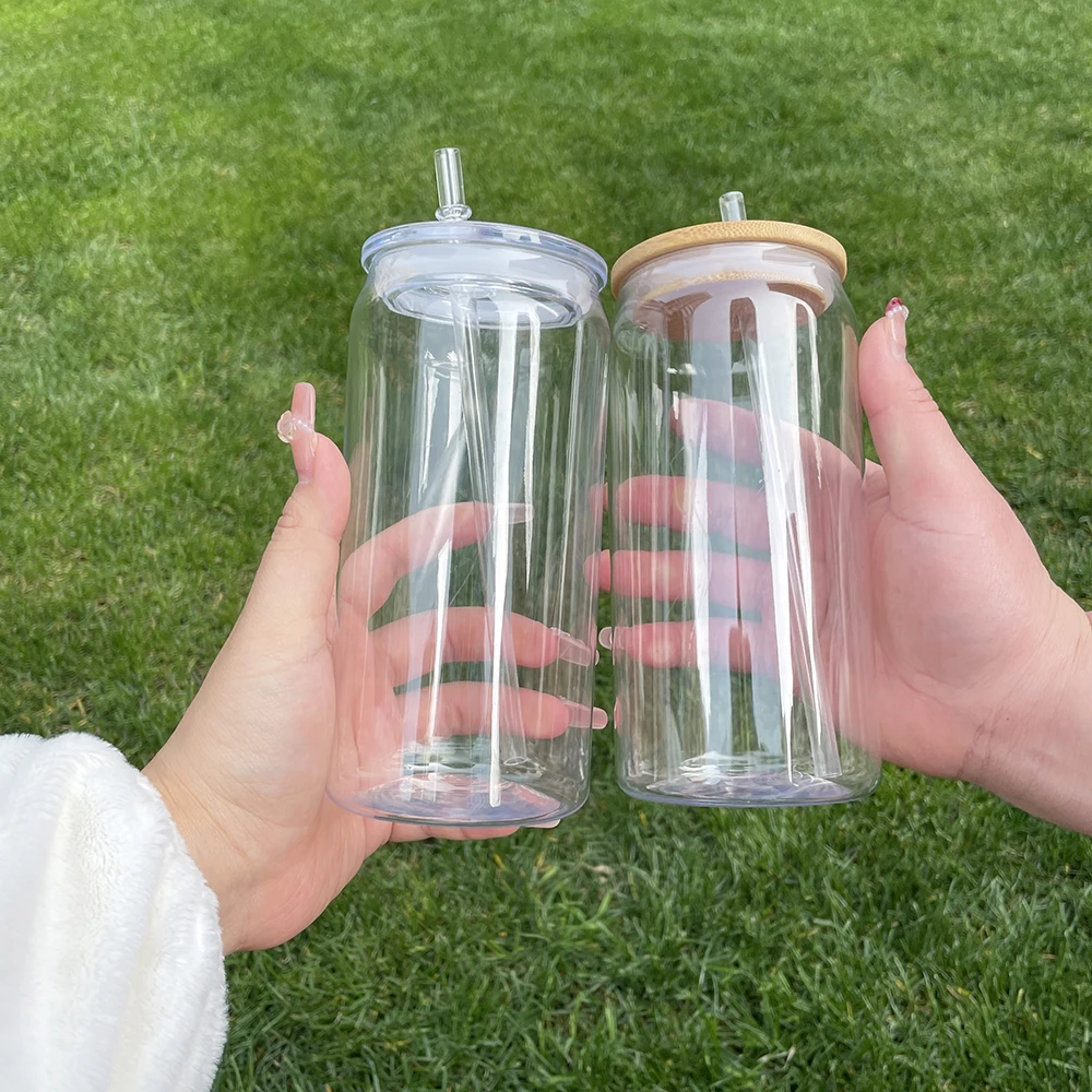 In Stock Acrylic Can Beer Glass 16oz with pp Lids and Wooden Lids Unbreakable 16oz 20oz Plastic Soda Beer Can for UV DTF Wraps