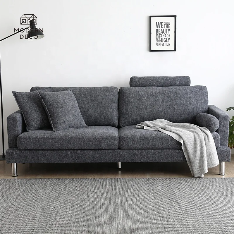 
polyester fabric couch with attached back cushions modern dark grey apt interio high end livingroom 3 seater sofa 2021 