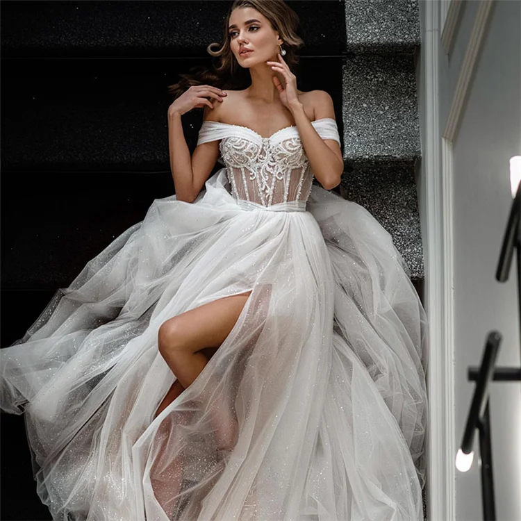 2022 Sexy Wedding Dresses Lace Beads Bride Dress Off Shoulder Glitter Tulle Split Side Wedding Gowns Boho Long Court Train