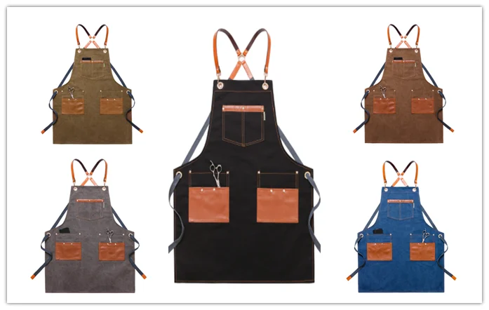 wholesale Fashion Restaurant Bar Shop Cafes Beauty Nails Workwear Canvas leather Chef Work kitchen Aprons For Woman Men