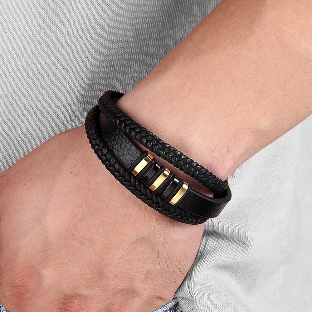 Jewelry Wholesale Punk 3 Layer Bangle Jewelry Stainless Steel Magnetic Buckle Wrap Braided Genuine Leather Bracelet Men