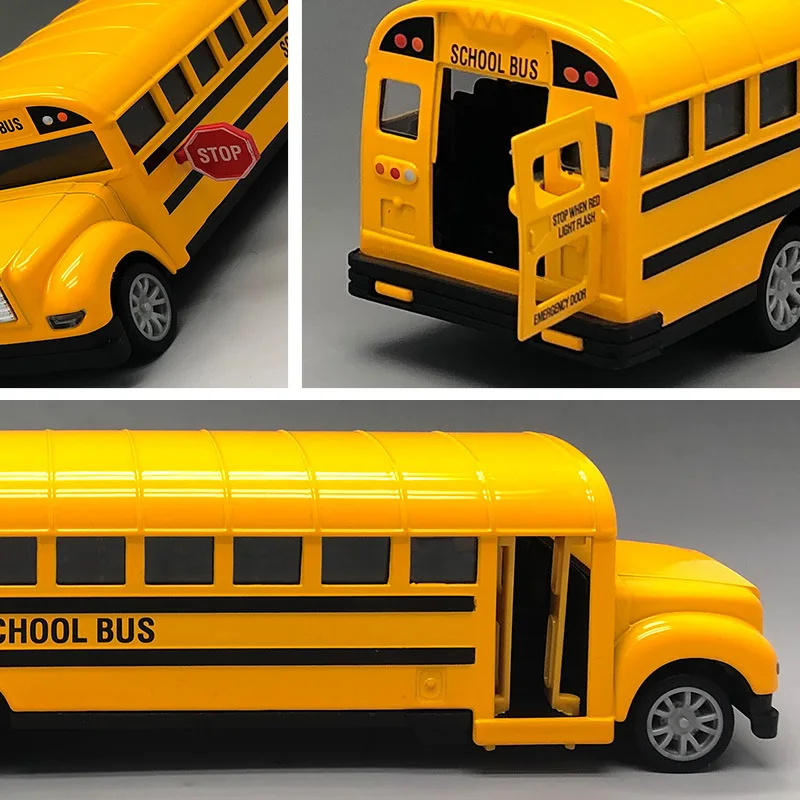 Die Cast Yellow Bright Bus Play Vehicles Diecast Plastic Pull Back School Bus Toy for Toddlers with Mechanism and Open Doors