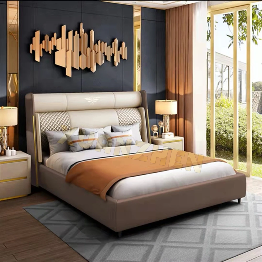Bedroom furniture king size luxury bed set leather beautiful wooden bed frame hotel golden modern metal beds Y-X11