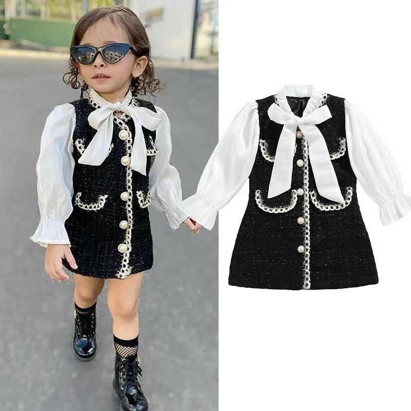 Fall Winter elegant nice outfits for girls Bowtie Casual Lovely Suits Long Sleeve korean kids dresses for girls pageant dresses