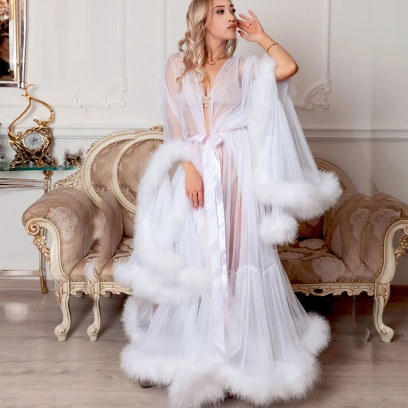 Yellow Feather Dressing Gown Marabou Feather Robe Sexy Sheer Long Lingerie Boudoir Bridal Robe Maternity photo shoot robe