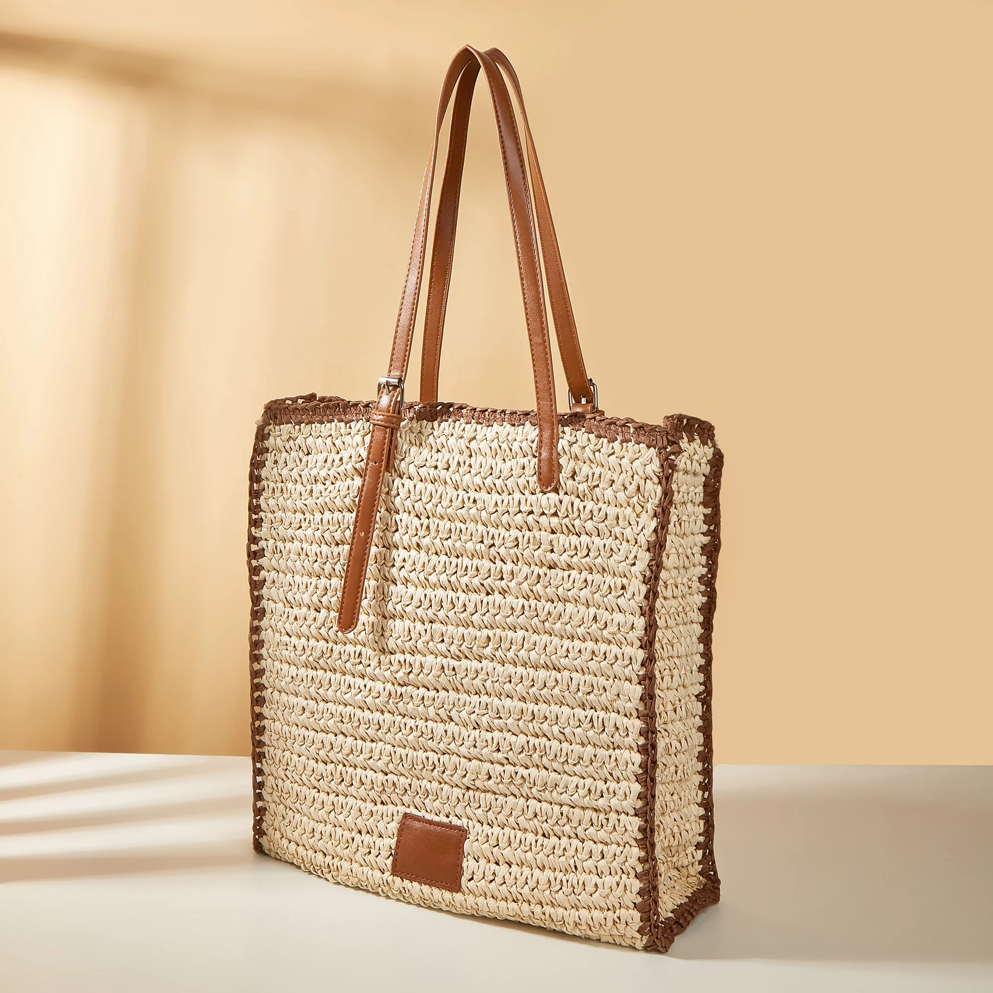 2024 fashion women beige crochet straw tote shoulder bag with leather handle