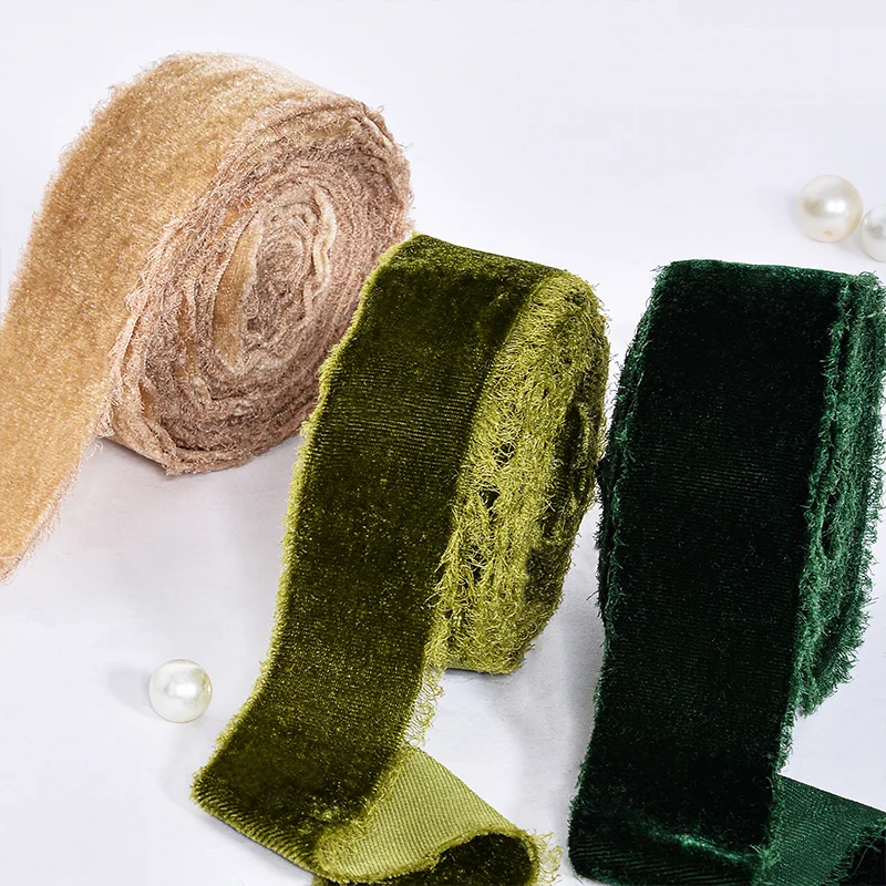 YAMA 4CM Green Polyester Silk Hand-torn Velvet Ribbon For Gift Box Wrapping Flower Packaging Hair Bow