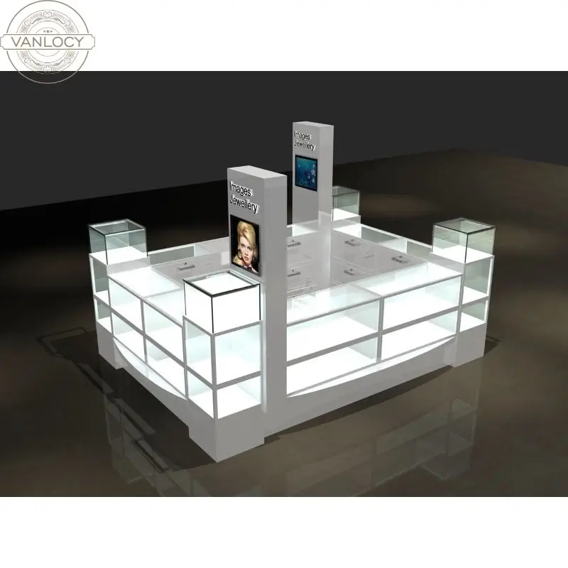 Large Space Wood White Paint Shopping Mall Jewelry Display Kiosk For Jewelry Display