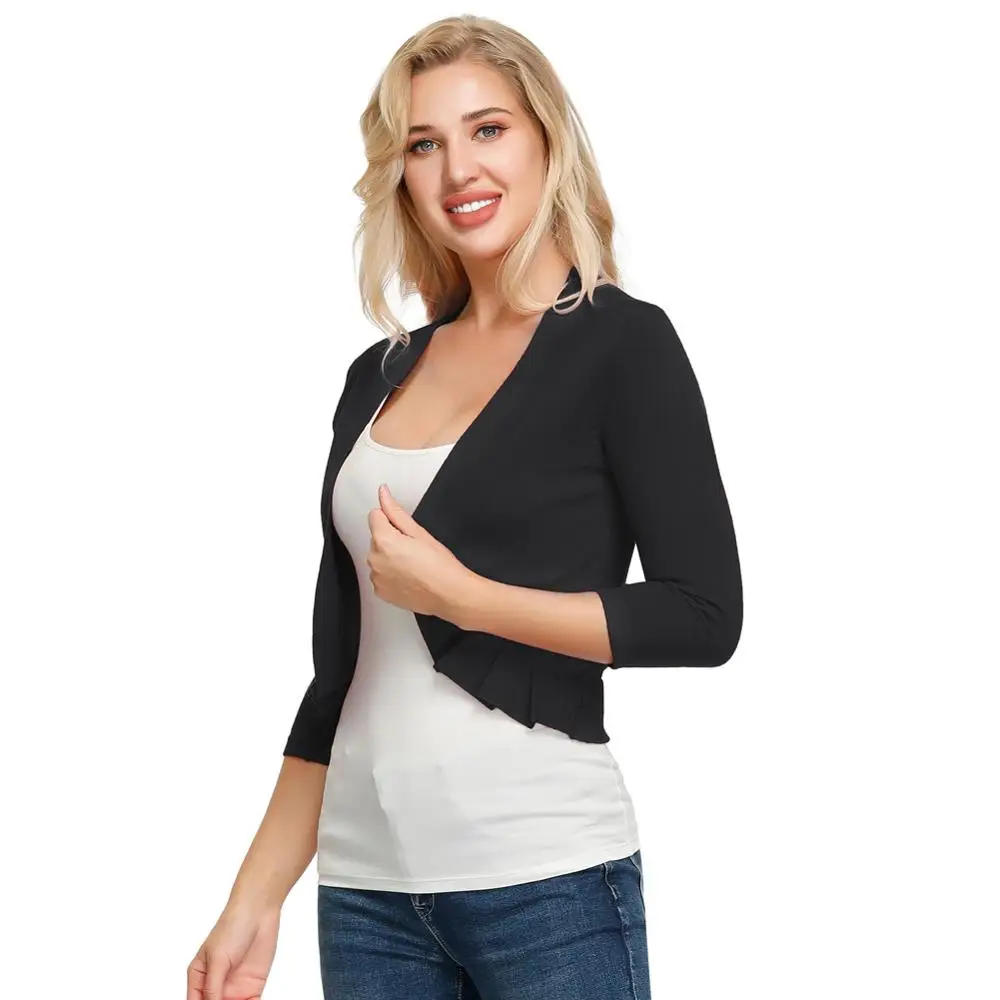 KCE02040 KK Womens Pleated Knitted Bolero Shrug Knitwear 3/4 Sleeve Open Front