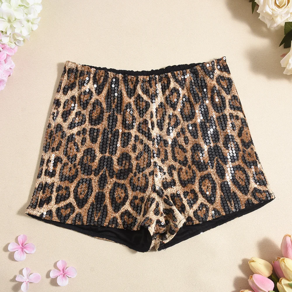 New arrivals wholesale trendy fashion leopard sequined stretchy mini hot sexy shorts